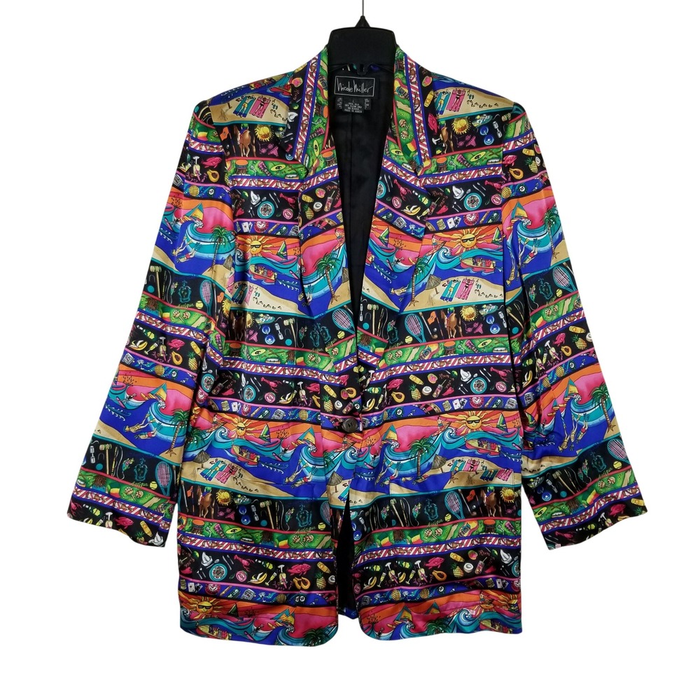 Nicole Miller Silk Blazer Women L Multi Tropical Vacation Novelty Print Vintage